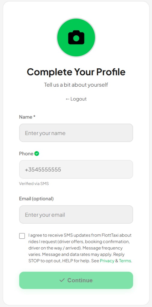 FlottTaxi in-app SMS consent screen